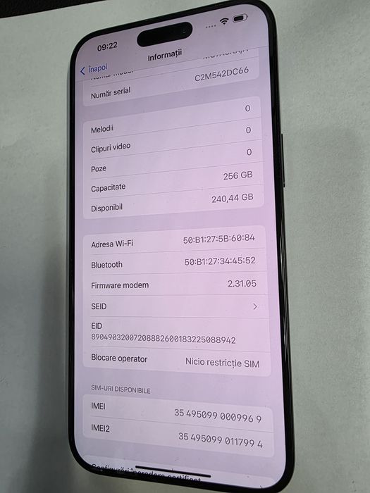 iPhone 15 Pro Max Blue Titanium 256GB Liber de retea Stare IMPECABILA