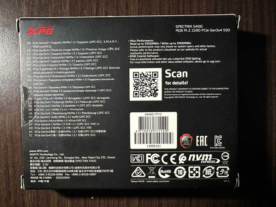 SSD XPG SPECTRIX S40G - RGB M.2 2280 PCIe Gen 3x4