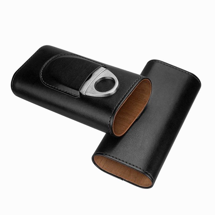 Кожен калъф за 3 пури с ножче и кедрова облицовка – кафяв и черен