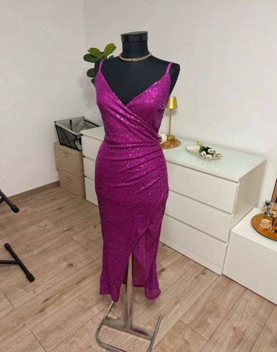 Rochie fuchsia mov roz cu paiete lunga de ocazie superba eleganta