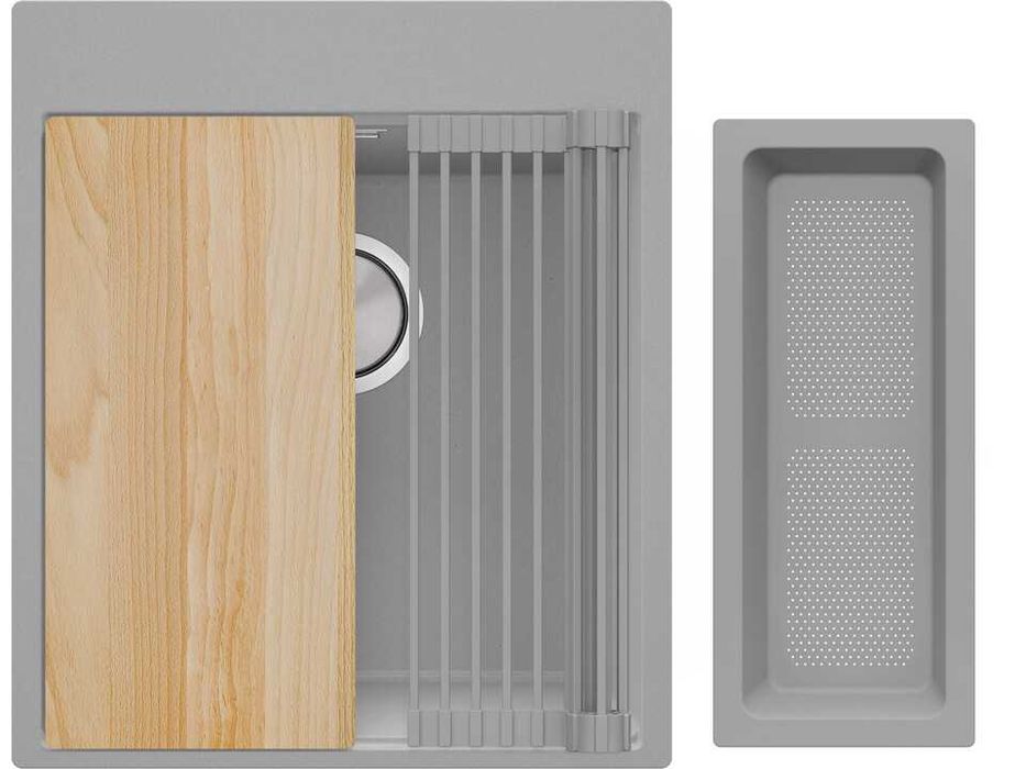 СИВ КУХНЕНСКИ КОМПЛЕКТ XXL – ВСИЧКО В СИВ Мивка + смесител + аксесоари