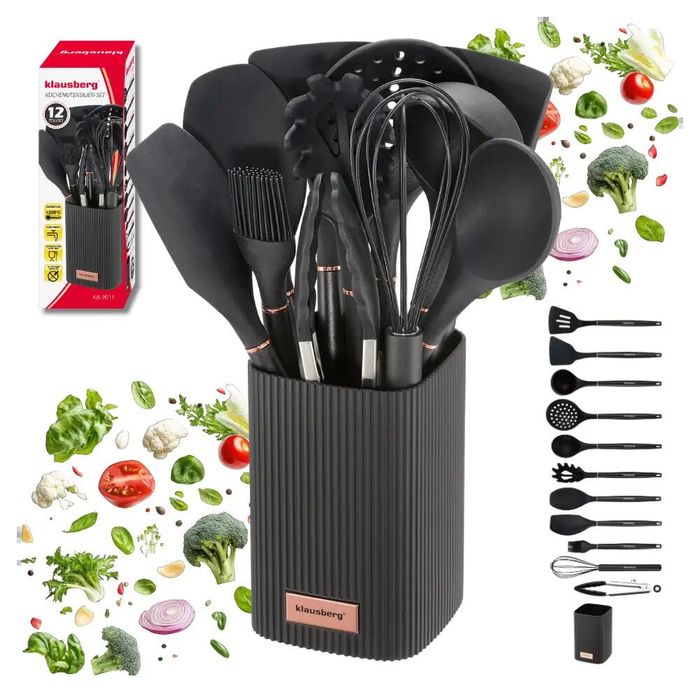 Set ustensile de bucatarie, 12 piese din silicon negru, Klausberg