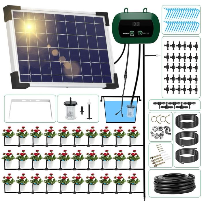Sistem de Irigație Solar 300 Moduri de Udat Automate, 30M Țeavă de Picurare - Verde