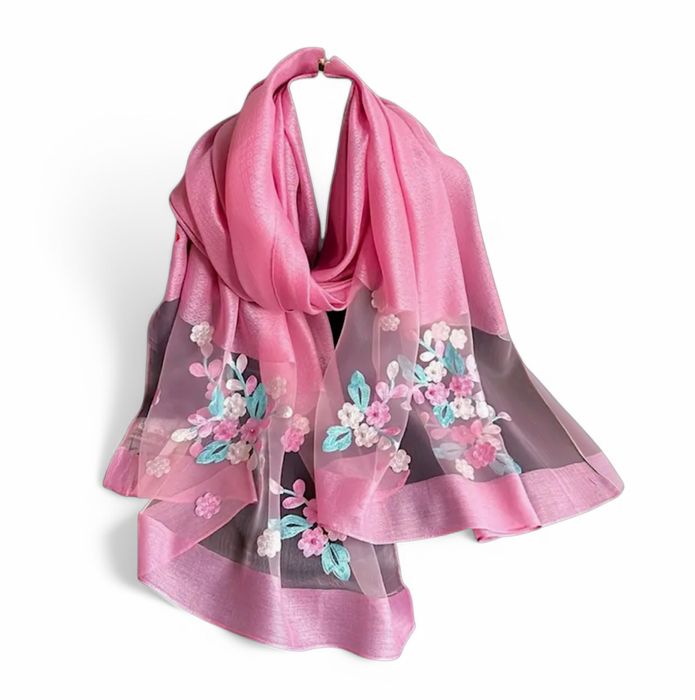 ПОСЛЕДНИ! Луксозен шифонен шал с флорална бродерия - различни цветове