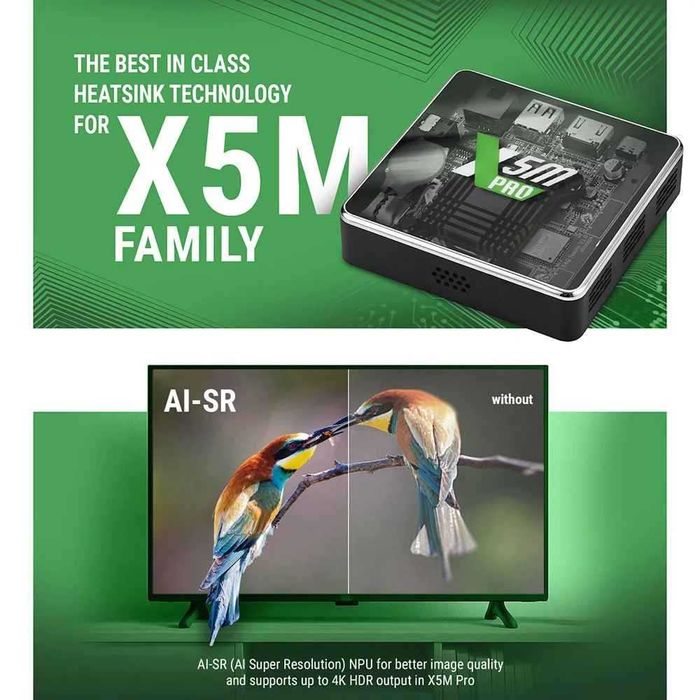 UGOOS X5M PRO ТВ БОКС Android 14 Amlogic S905X5M LPDDR4 4GB 32GB Поддръжка AI-SR CEC AV1 WiFi6 BT5.4 1000M с BT гласово дистанционно