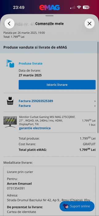 Monitor Gaming 27” MSI Curbat WQHD 240hz