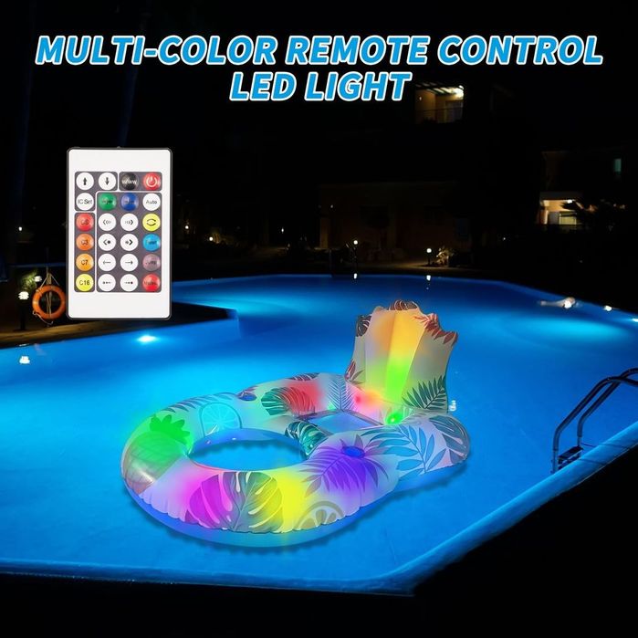 Saltea gonflabilă pentru piscină şezlong cu tetieră suport băutură și lumini – Multicolor