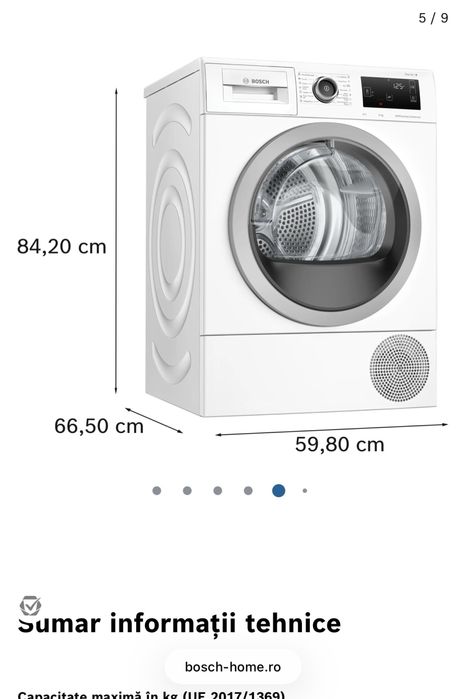 Uscător rufe Bosch Serie 6, 9 kg, pompă căldură, A++, WiFi, stare impecabilă - garantie