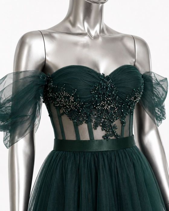 Rochie ocazie midi verde smarald pe corset