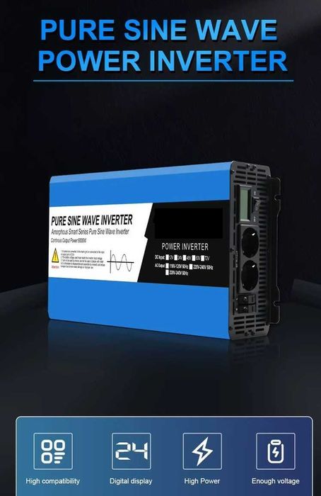 Invertor Easun, 12V sau 24V, 4000W, 5000W Sinus pur ,Albastru