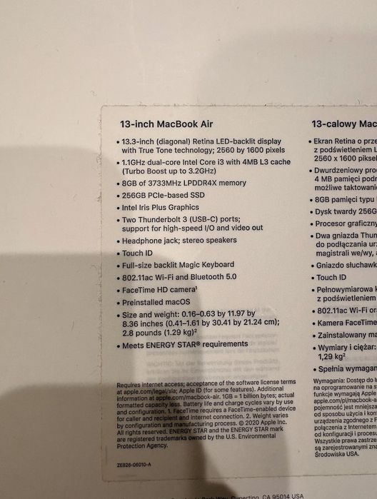 MacBook Air 13 Inch, 2020, Intel Core, Състояние: Използвано