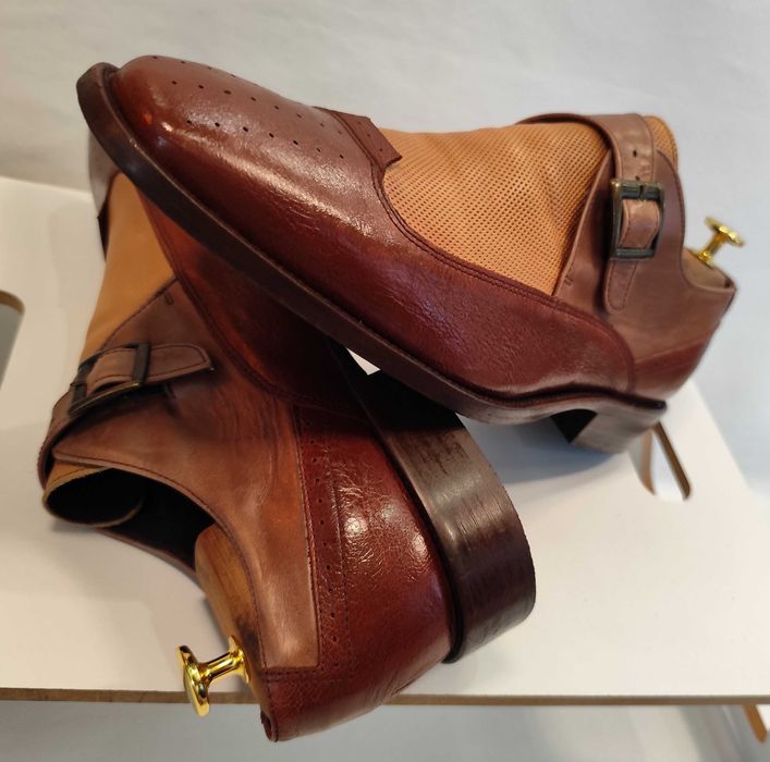 Pantofi monk de lux 44.5 45 lucrati manual Mezlan NOI piele naturala moale maro camel