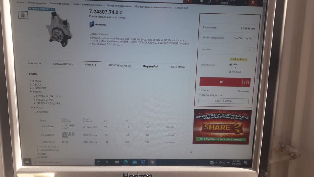 Pompa vacuum sistem de frânare ford