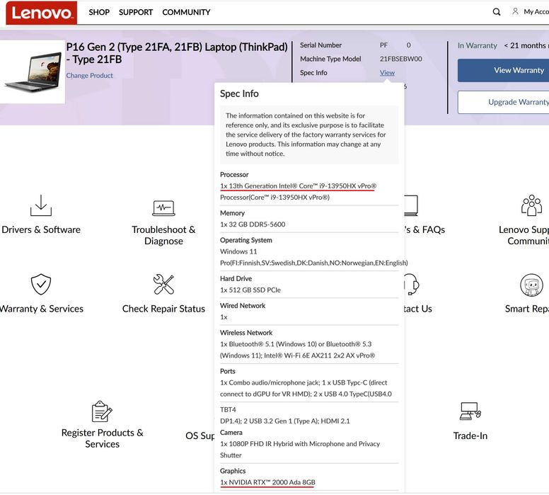 Lenovo ThinkPad P16 Gen 2 Eкан: 16’IPS 2,5К  165 Hz. 400nits 100%sRGB cpu: i9 13950HX gpu: NVIDIA RTX 2000 8GB, Ram 32 Gb/1 Tb SSD. ГАРАНЦИЯ III 2028г