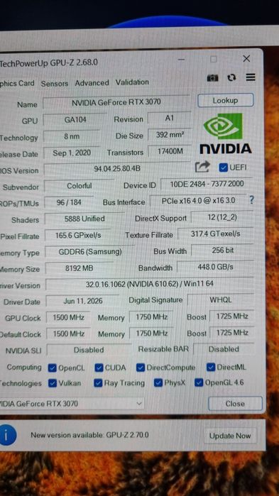 RTX 3070  8GB GDDR6.