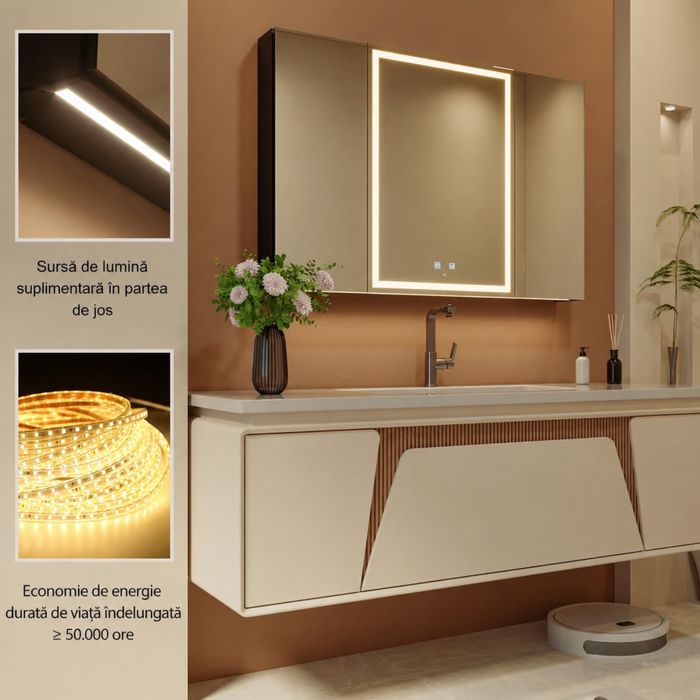 Dulap baie premium cu oglindă LED touch, priză + USB – design modern bej/negru, 3 uși