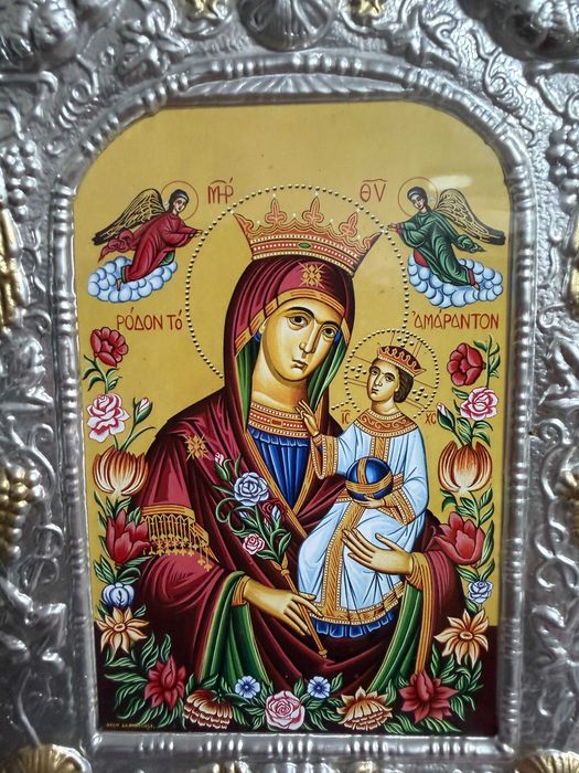 icoana veche icoana argintata dim 20x24 cm maica domnului cu pruncul