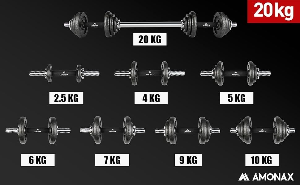 15кг/20кг Комплект 2бр Дъмбели + Щанга, чугун, стомана, Amonax