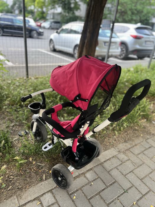 Tricicletă roz mâner de împingere, gentuță și coș
