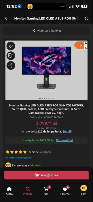 Monitor ASUS ROG Strix XG27ACDNG QD-OLED 360 Hz