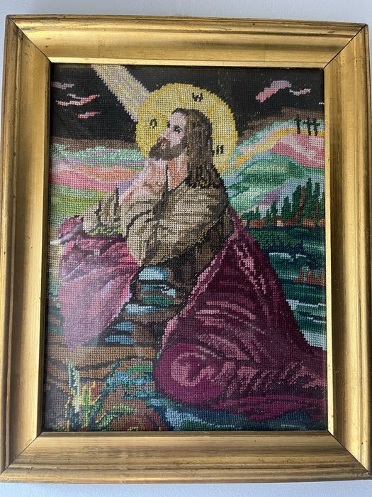 Goblen religios cusut manual, Isus in rugaciune, rama veche aurita