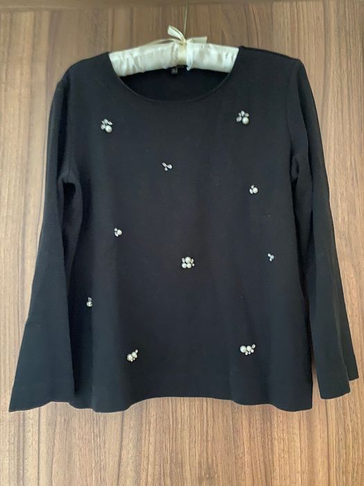Дамска блуза Massimo dutti размер С размер S черно /синьо перли камъни
