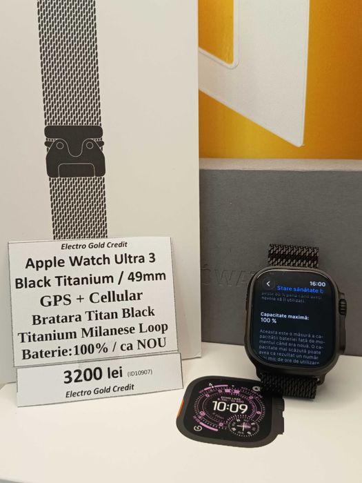 Apple Watch Ultra 3 49mm/Black Titanium/GPS+Cellular/Titanium Milanese Loop/Baterie 100%/ca NOU! ID10907