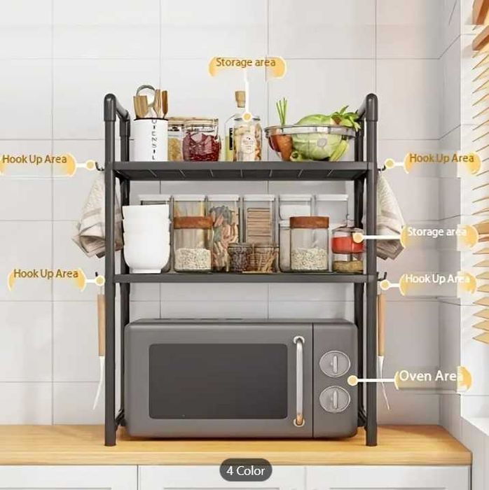 Метална етажерка за микровълнова 1 и 2 рафта, стелаж, Бял и Черен цвят