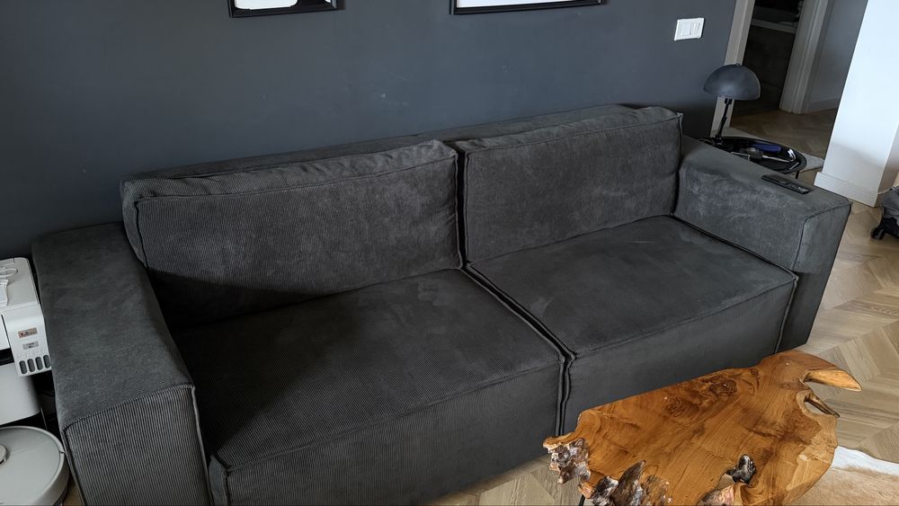 Canapea extensibila moderna 3 locuri, gri inchis, lada depozitare, 240 cm