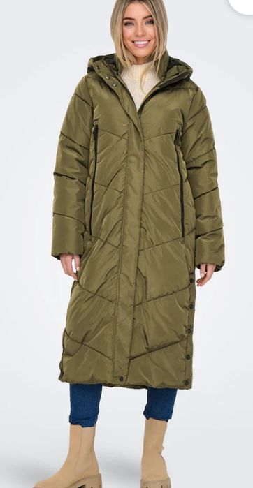 Geacă lungă Only tip palton, nouă, cu etichetă, XS -S, verde măsliniu