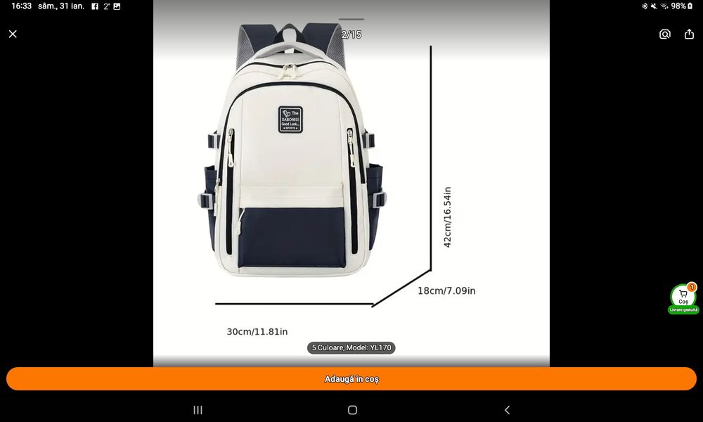 Ghiozdan rucsac unisex culoare neagru cu alb nou