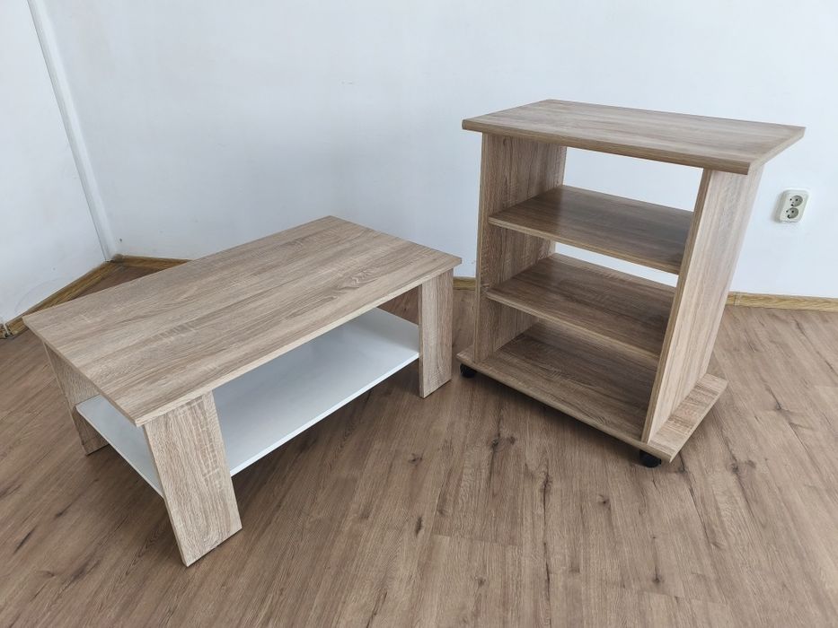 Set living, masuta cafea si etajera cu roti, stejar, stare impecabila