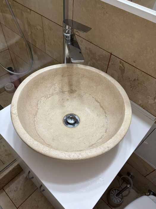 Set Complet Mobilier Baie: Mască Albă + Lavoar Tip Bol Piatră + Baterie Înaltă