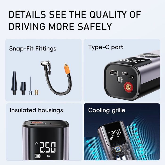 Mini compresor auto portabil reincarcabil Pompa de aer pentru masina fara fir Electrica din aluminiu Digitala pentru anvelope, Monitor de presiune