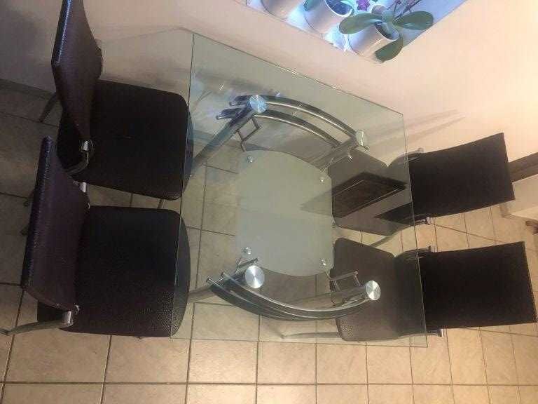 Masa bucatarie din sticla securizata, patrata, 1x1 m, picioare inox