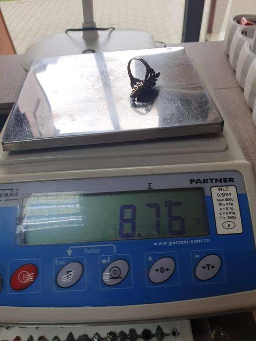 Inel Marquise antic din aur de 14K și argint cu diamante naturale și email turcoaz – mărimea 58 – 8,76 g