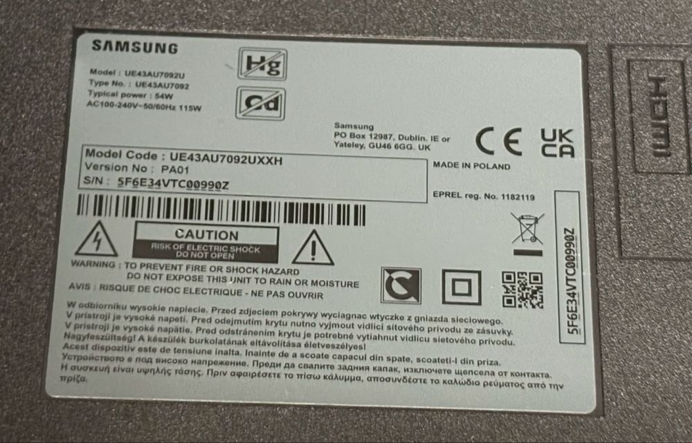 Televizor Smart Samsung 43U8072H Crystal UHD, 108 cm, 4K, Clasa F, Negru