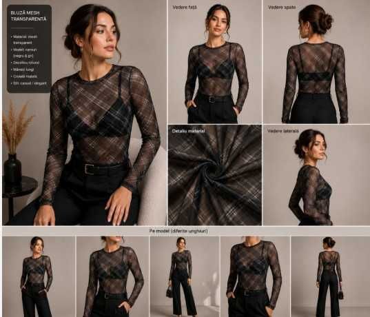 Bluză damă mesh transparent carouri, mânecă lungă