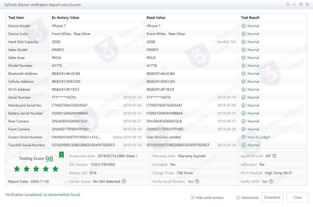 Telefon Apple, iPhone 7, 32GB, Silver, Foarte bun, Deblocat