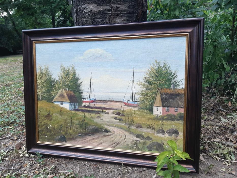 Красива Стара Картина "Рибарско Селище" Маслени Бои на Платно
