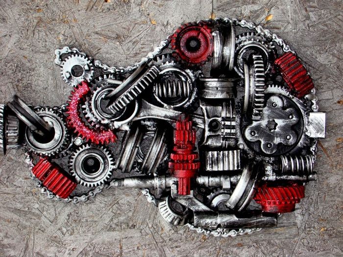 Chitara/ saxofon SCULPTURI industriale fier piese auto/moto ROSU/GRI