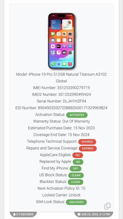 iPhone 15 Pro 512GB 100% Natural Titanium Neverlocked