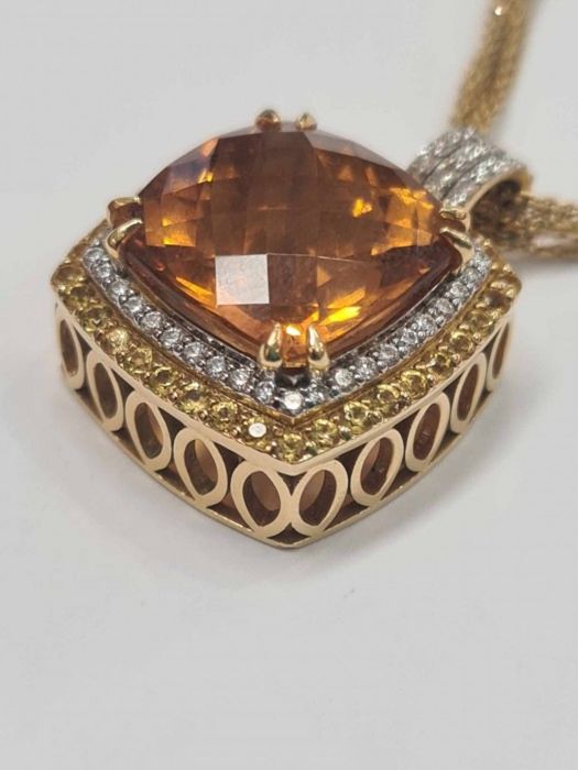 Colier, lant si pandantiv aur galben 18k, cu citrin natural, safire
