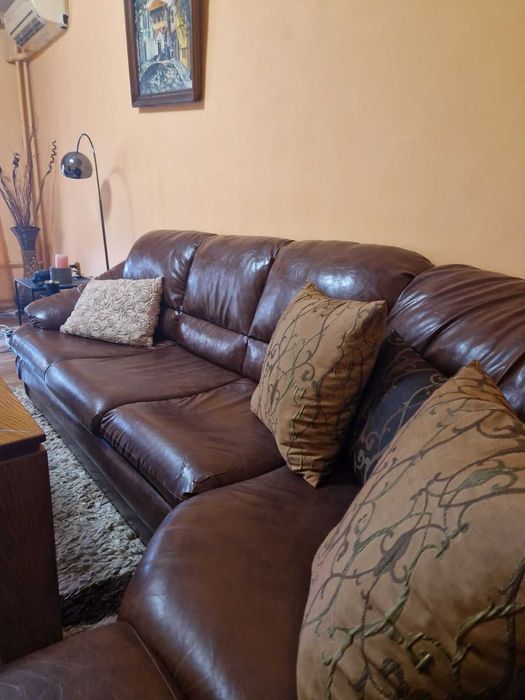 Ъглов кожен диван Най-висок клас еко кожа с табуретка