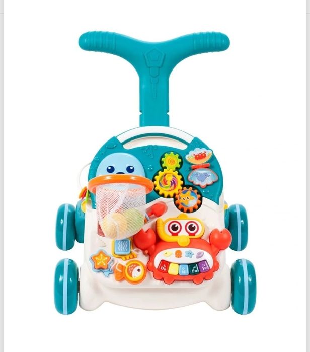 Детски уокър и масичка, 2в1 проходилка, интерактивна играчка - син