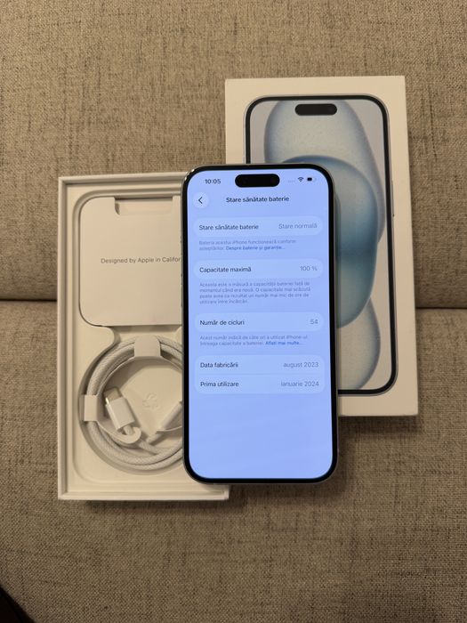 iphone 15 blue, 256gb, ca nou, baterie 100% (50 cicluri)