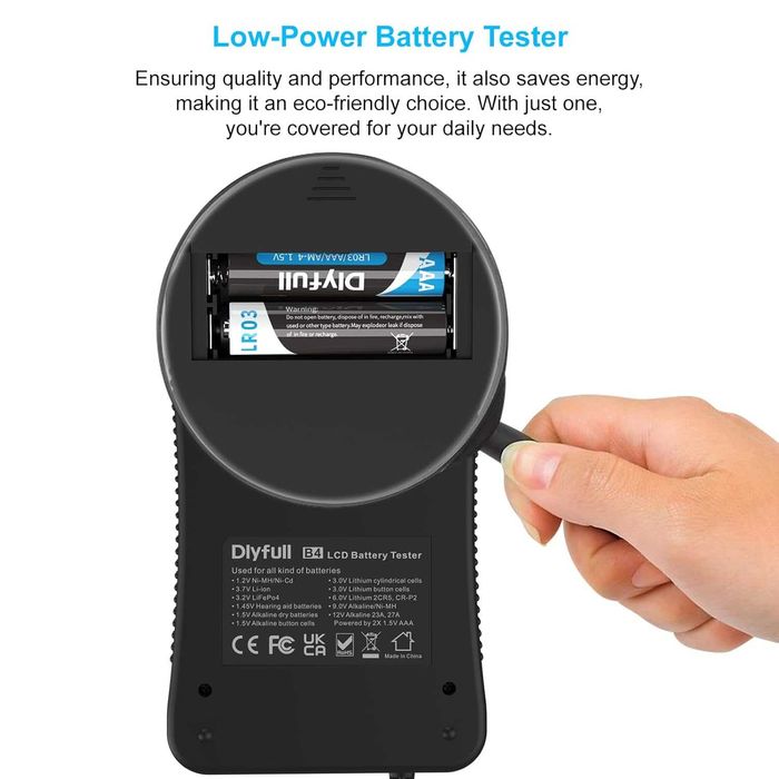 Tester baterii Dlyfull B4,verificator universal cu afișaj LCD Ni-MH, Ni-CD, Li-ion, Alk și LiFe04 (celule AA AAA C D 9V 12V 18650 CR123A 2CR5 CR2032)