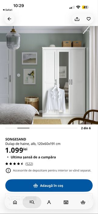 Dulap IKEA SONGESAND alb, 3 uși + oglindă – stare foarte bună