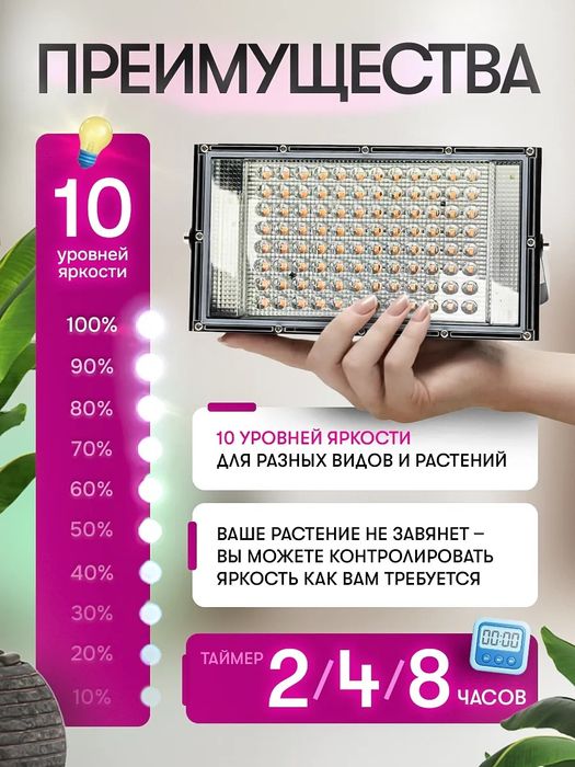 Фитолампа с таймером полного спектра для растений и рассады