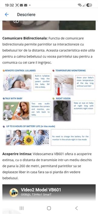 Camera video Wireless, Monitor video digital pentru bebelusi, cu ecran digital, Vedere nocturna in camera, Audio bidirectional, 8 Cantece de leagan